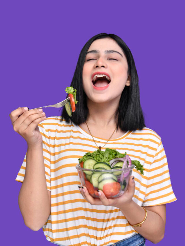 foodie-girl-laughing-eating-vegetable-salad-from-bowl-indian-pakistani-model